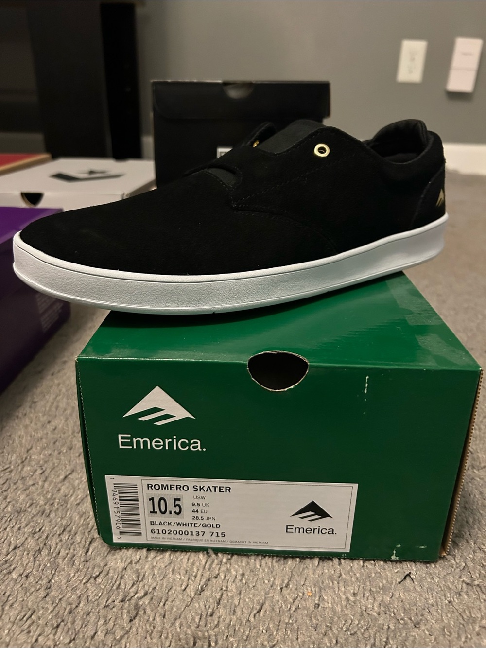Emerica Romero Skater Shoe Slip-On Black/White/Gold 10.5 New!!